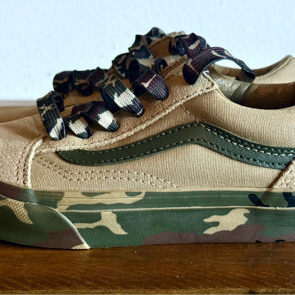 Vans Kids Tan Sneakers with Green Camo Accents